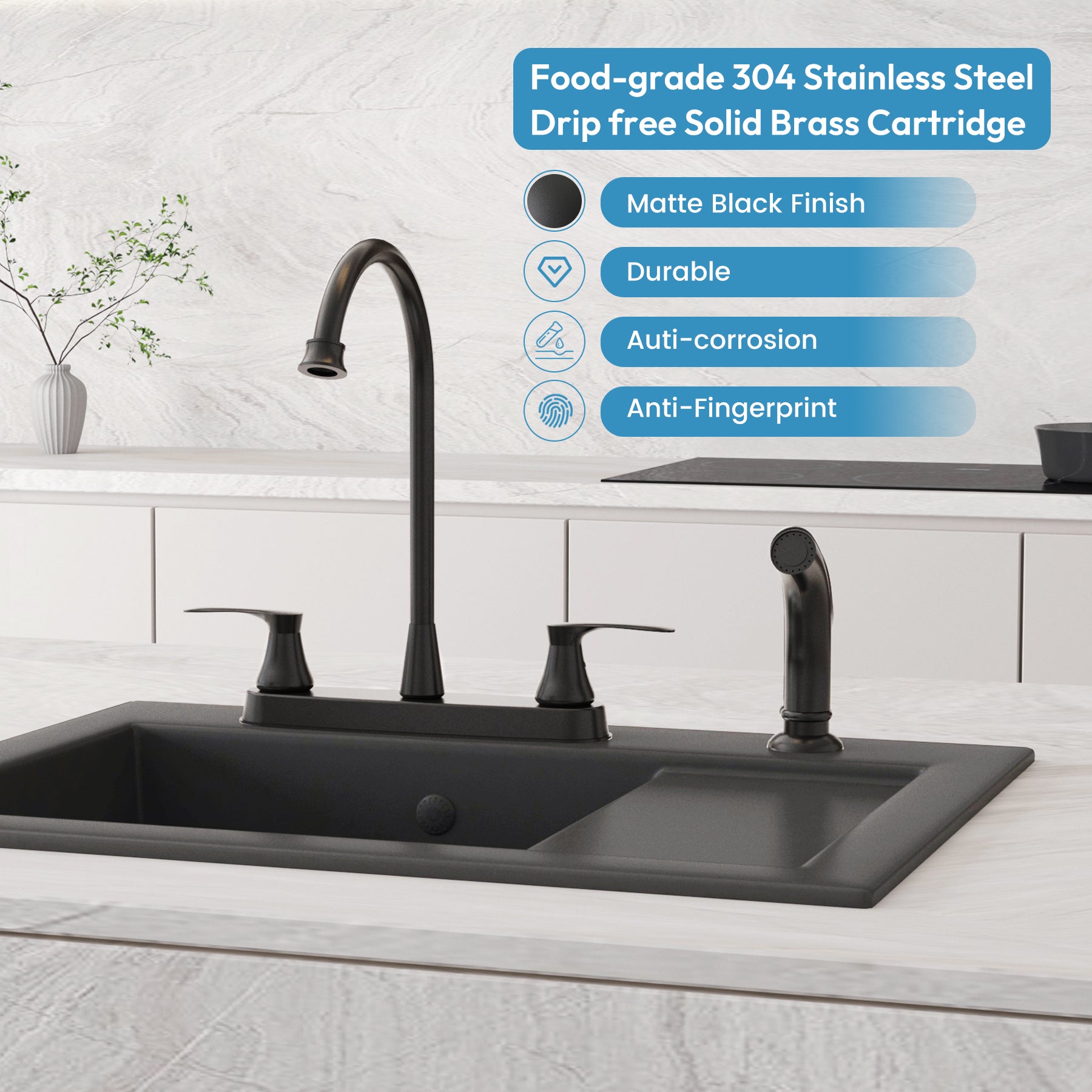 Kitchen Faucet with Side Sprayer, 2 Handle, 3 or 4 Hole, Stainless Steel, Matte Black